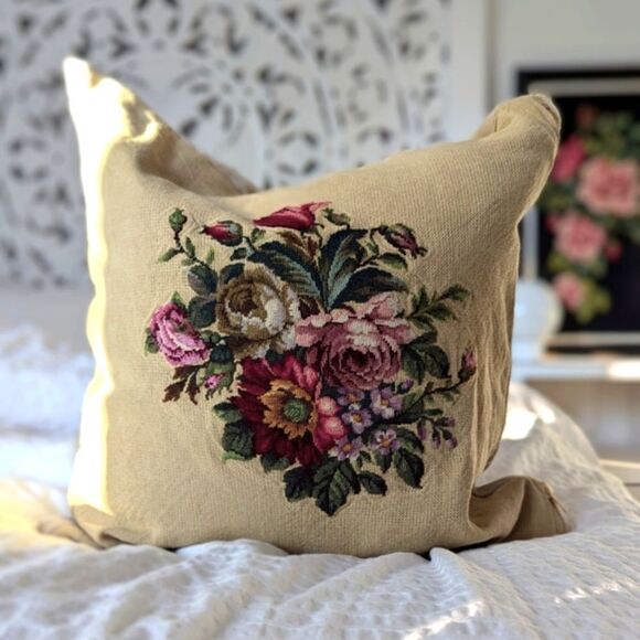 Floral Needle Point Throw Pillow - Picture 1 of 4